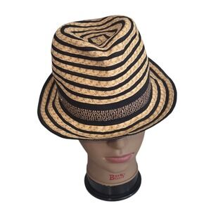 Calvin Klein Bucket Hat Beige Black Straw Paper Hat Striped Women's One Size